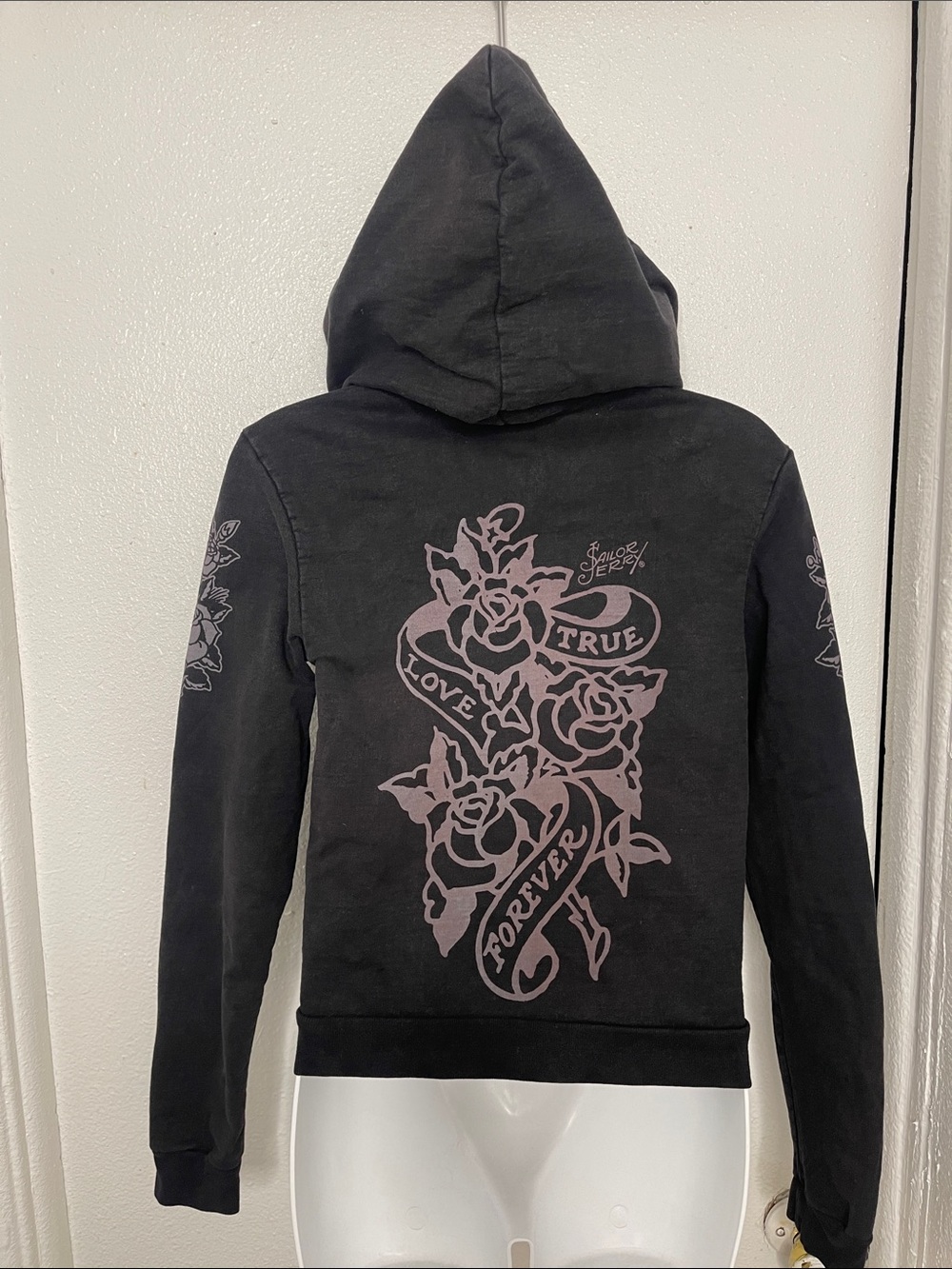 Y2K 2008 SAILOR JERRY- Black Hoodie with Rose "True Love Forever" Back Graphic s